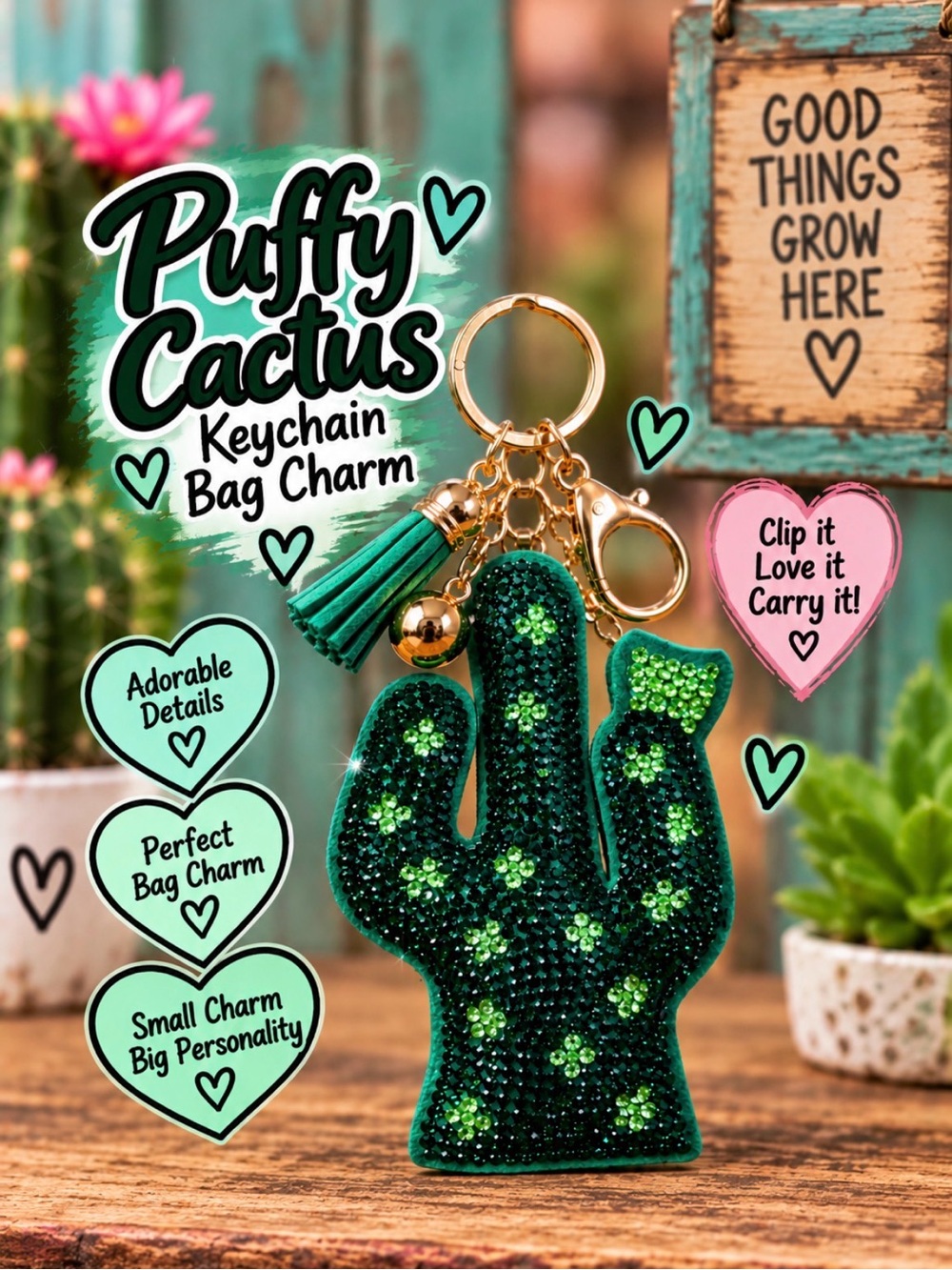 Puffy Cactus  Keychain Bag Charm - Green